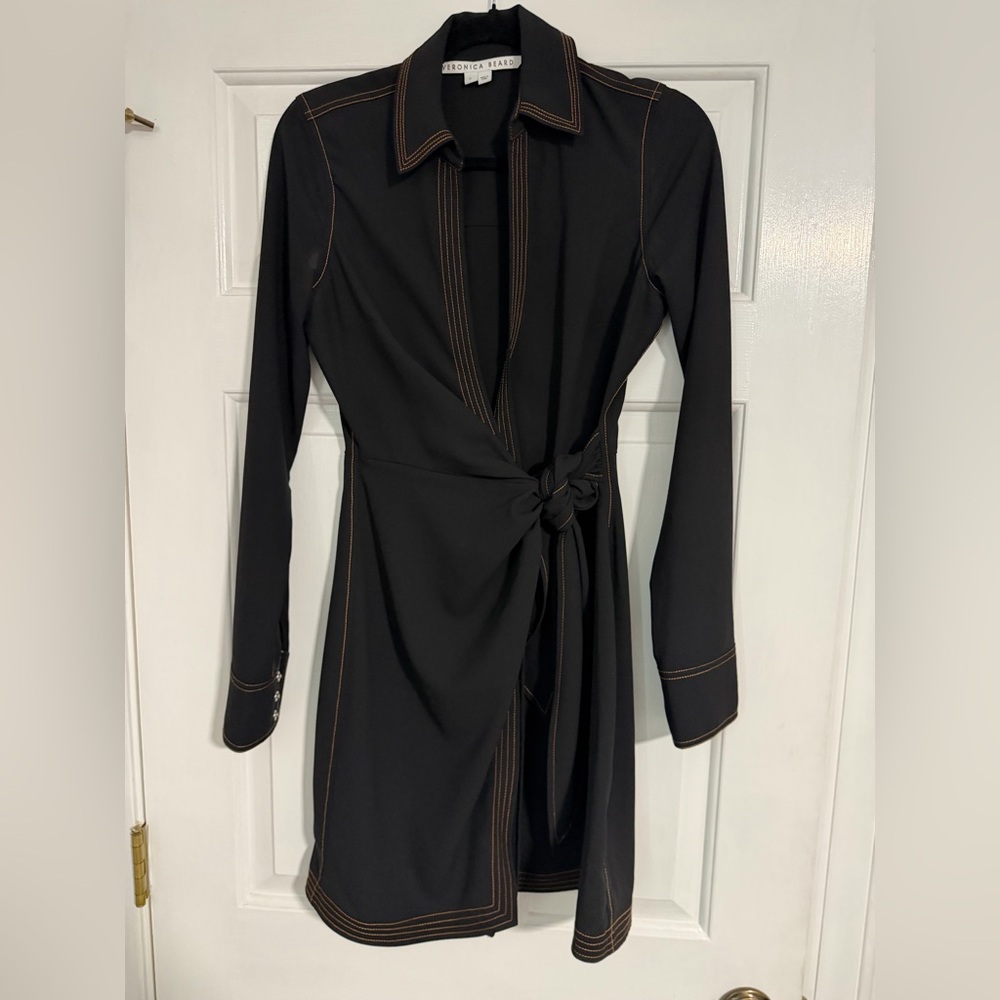 Veronica Beard Black Wrap Dress with Contrast Gold Stitching